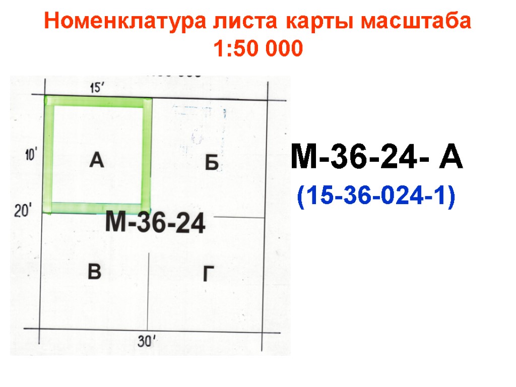 Номенклатура листа карты масштаба 1:50 000 M-36-24- А (15-36-024-1)